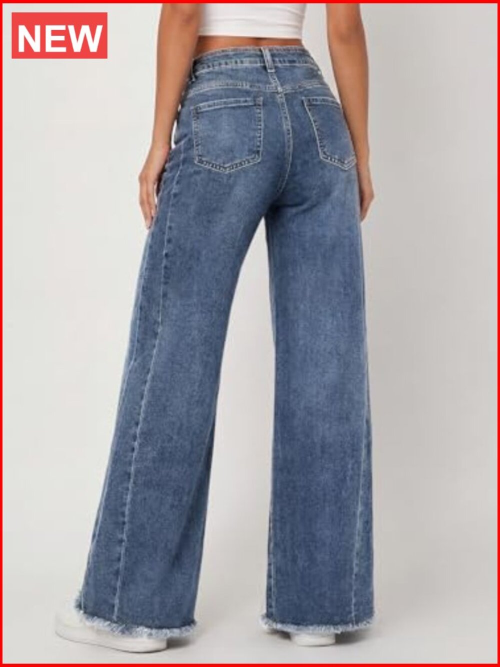 Wide Leg Jeans Raw Hem Relaxed Fit Denim Button Fly Stretch Waist - Picture 4 of 7